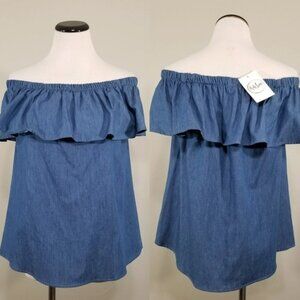 New  Adeline Blue Cotton Flounce Off The Shoulder Boho Blouse Small Top